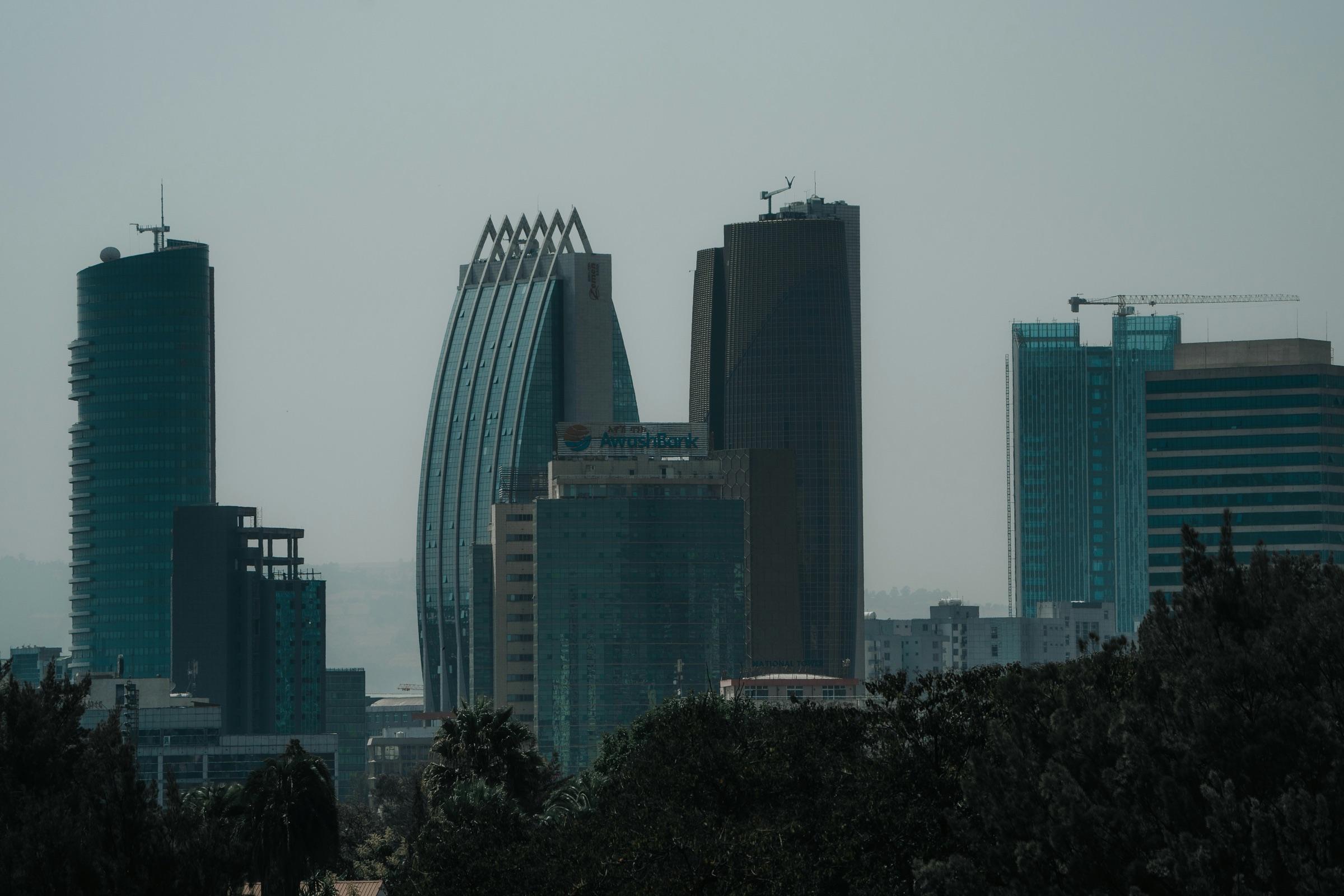The Addis Ababa skyline: modern towers of Ethiopia's financial district rising above the tree line