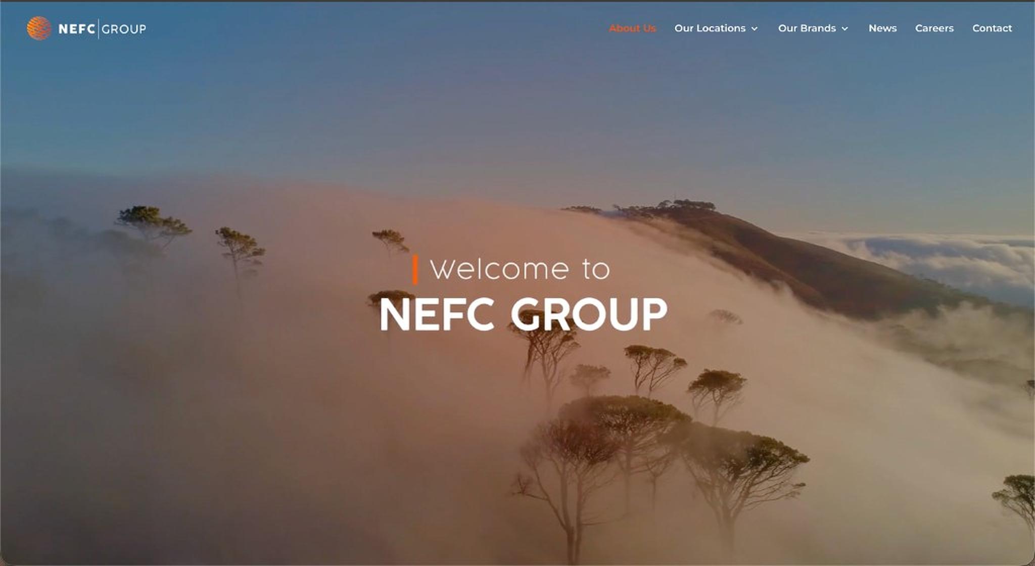 The NEFC Group website homepage: welcome to NEFC GROUP, with a panoramic view of misty Ethiopian highlands at sunrise